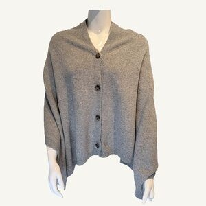 Gray Knit Poncho Button Front One Size Ribbed Hem Layering Cape